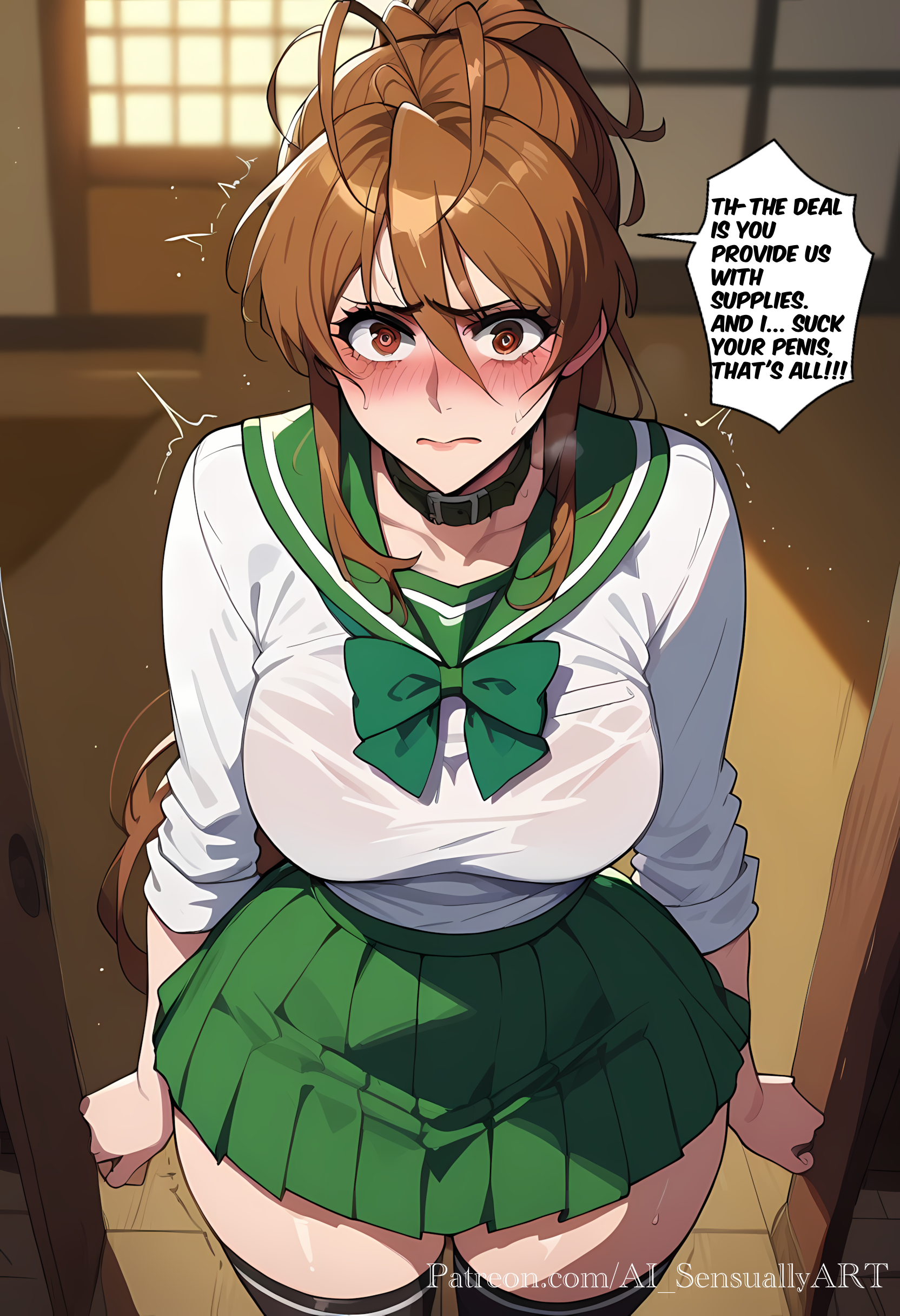 1girls, 2d, ai generated, ai sensuality, big breasts, blush, bowtie, breasts, brown eyes, brown hair, female, female only, highschool of the dead, large breasts, light-skinned female, miniskirt, rei miyamoto, school uniform, serafuku, skirt, solo, thighhighs