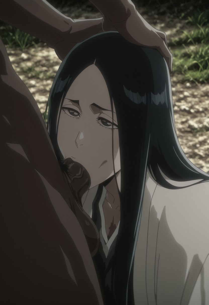 1boy, 1girls, ai generated, balls, big penis, black hair, black penis, bleach, bleach: the thousand-year blood war, blowjob, dark skin, dark-skinned male, deepthroat, fellatio, female, hand on head, hands on head, haori, head grab, kimono, large penis, light-skinned female, long hair, male, novaro1337, oral, oral sex, penis, testicles, unohana retsu, unohana yachiru