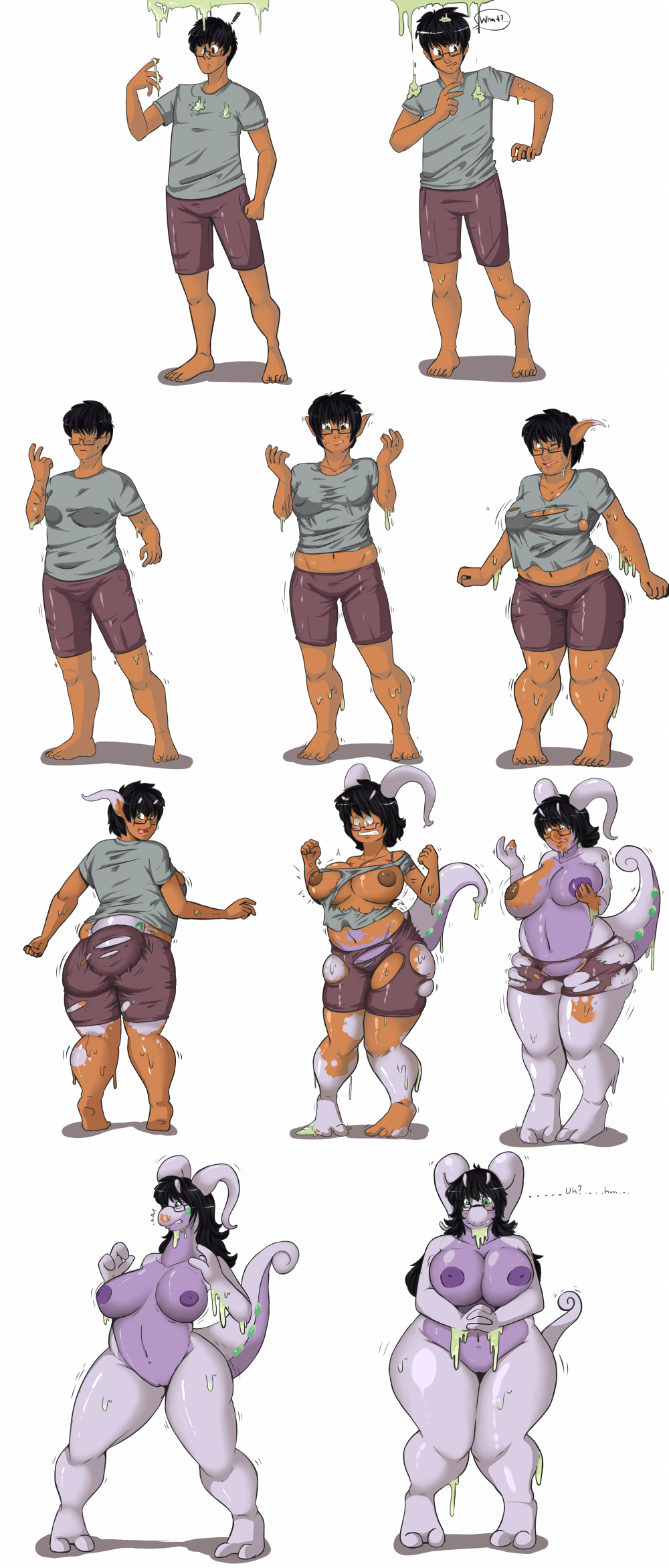 1boy 1girls anthro areolae barefoot big_breasts black_hair breast_expansion breast_growth breasts chubby clothing dragon eyewear feet female gender_transformation glasses goodra green_eyes hair human long_hair male mammal mtf_transformation nintendo nipples pokémon_(species) pokemon pokemon_(species) pokemon_xy pussy scalie shirt shorts slightly_chubby slime slipe standing tail text thick_thighs torn_clothes torn_clothing transformation trembling video_games wardrobe_malfunction weight_gain wet