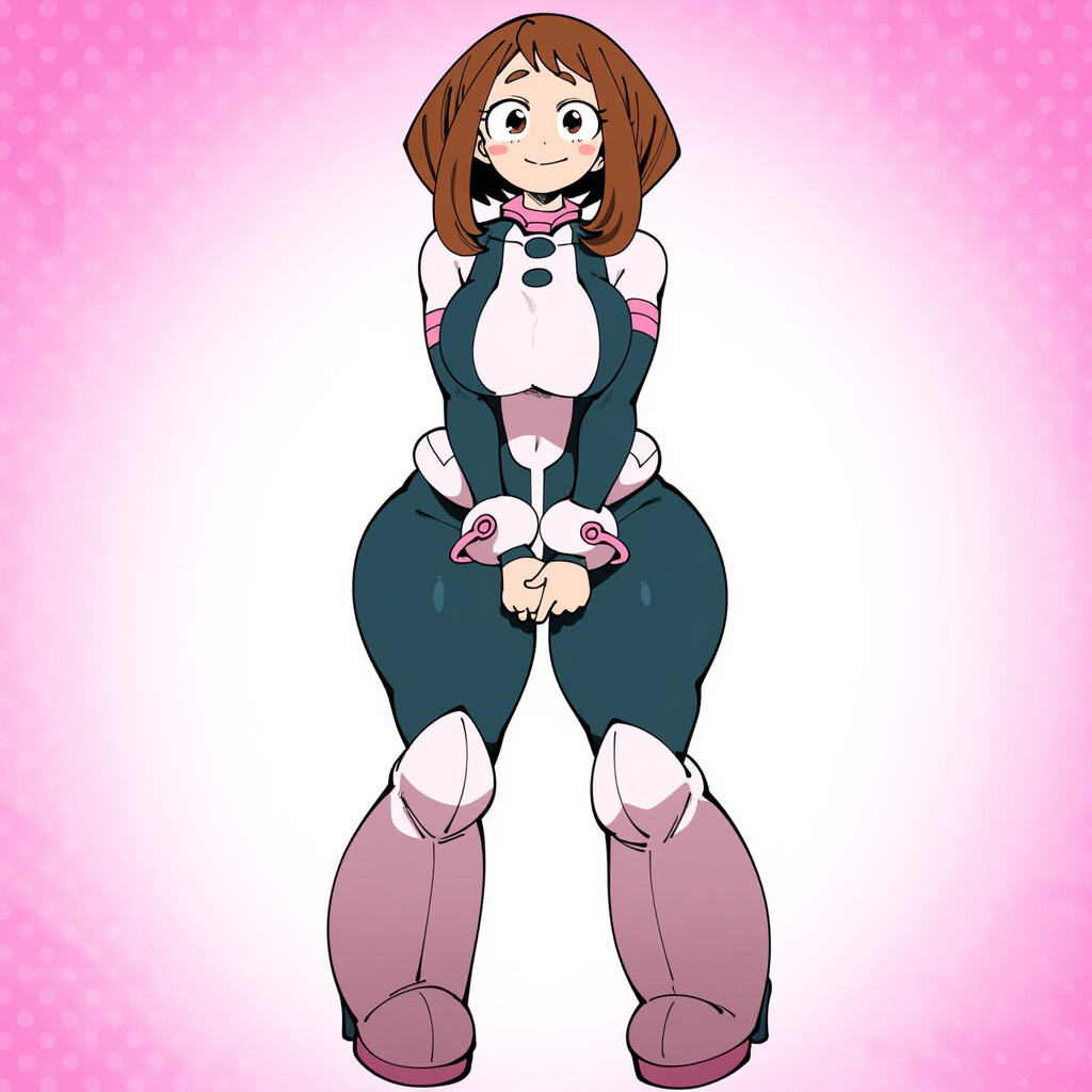 1girls, ai generated, big breasts, blush, bodysuit, boots, breasts, brown eyes, brown hair, curvy, female, female only, hips, large breasts, mullon, my hero academia, ochako uraraka, short hair, skin tight, smile, solo, thick thighs, thighs, wide hips