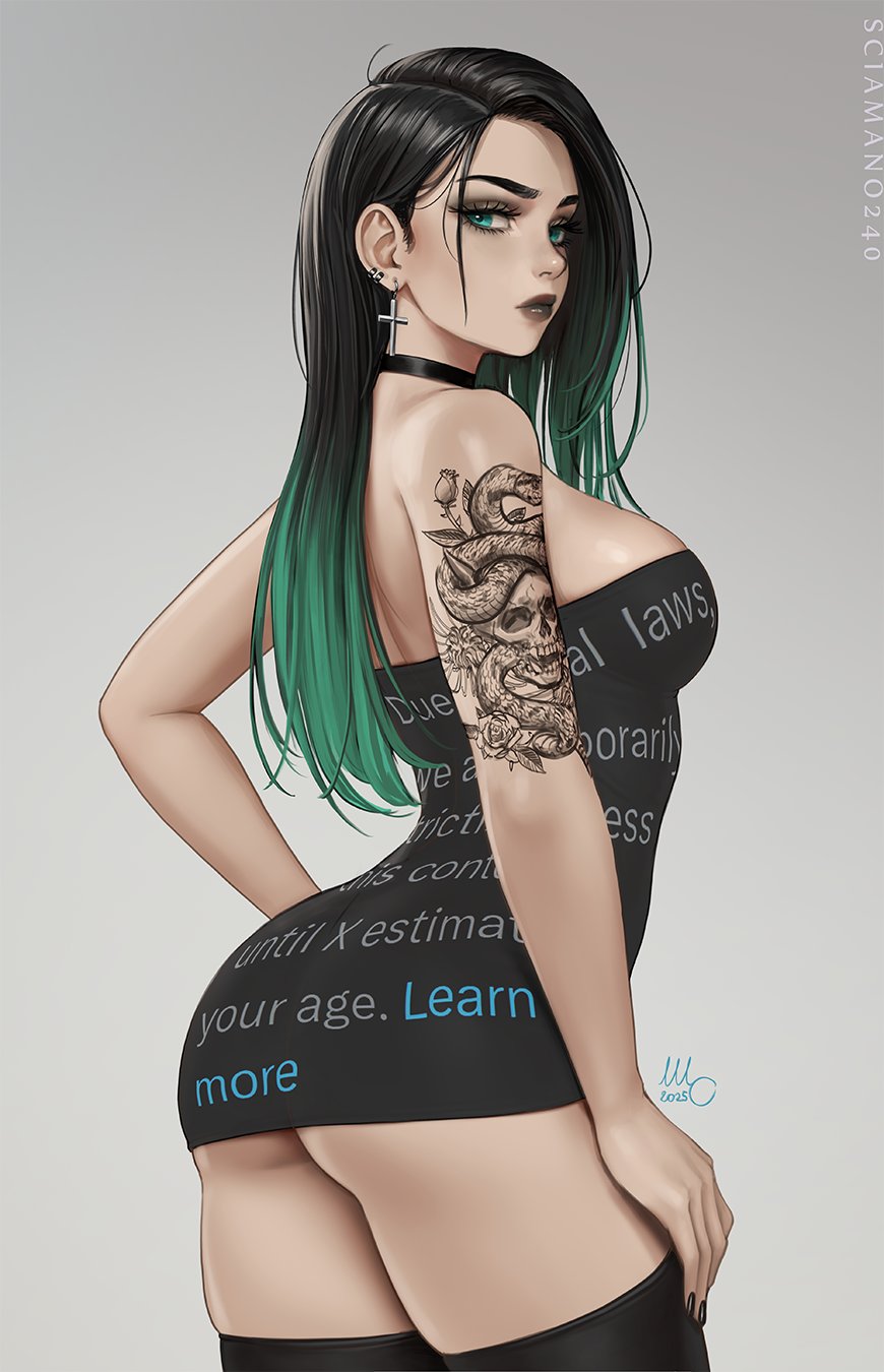 1girls, april (sciamano240), arm tattoo, ass, black eyeshadow, black hair, black lips, black lipstick, black nails, choker, cross, cross earrings, dress, earrings, english text, eyeshadow, female, goth, goth girl, green eyes, green hair, light skin, light-skinned female, lipstick, long hair, meme reference, mirco cabbia, multicolored hair, nail polish, oc, original, original character, sciamano240, skull tattoo, solo, stockings, strapless dress, tattoo, text on clothing, twitter, two-tone hair