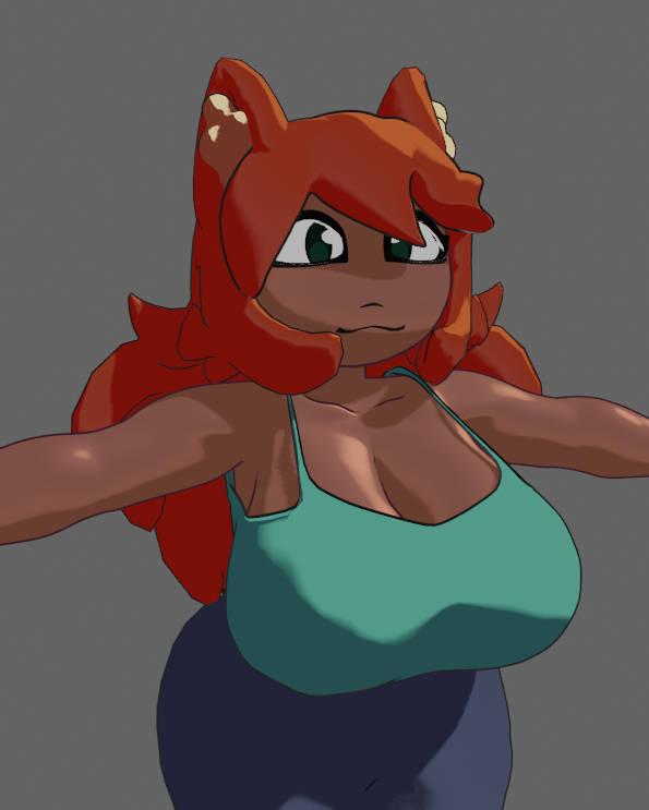 :3, 3d, 3d (artwork), 3d model, big breasts, breasts, brown skin, cleavage, cute, female, fox, fox ears, fox girl, green eyes, green shirt, hourglass figure, jeans, minalockout, red hair, simple background, tank top, terraria, wide hips, work in progress, zoologist (terraria)