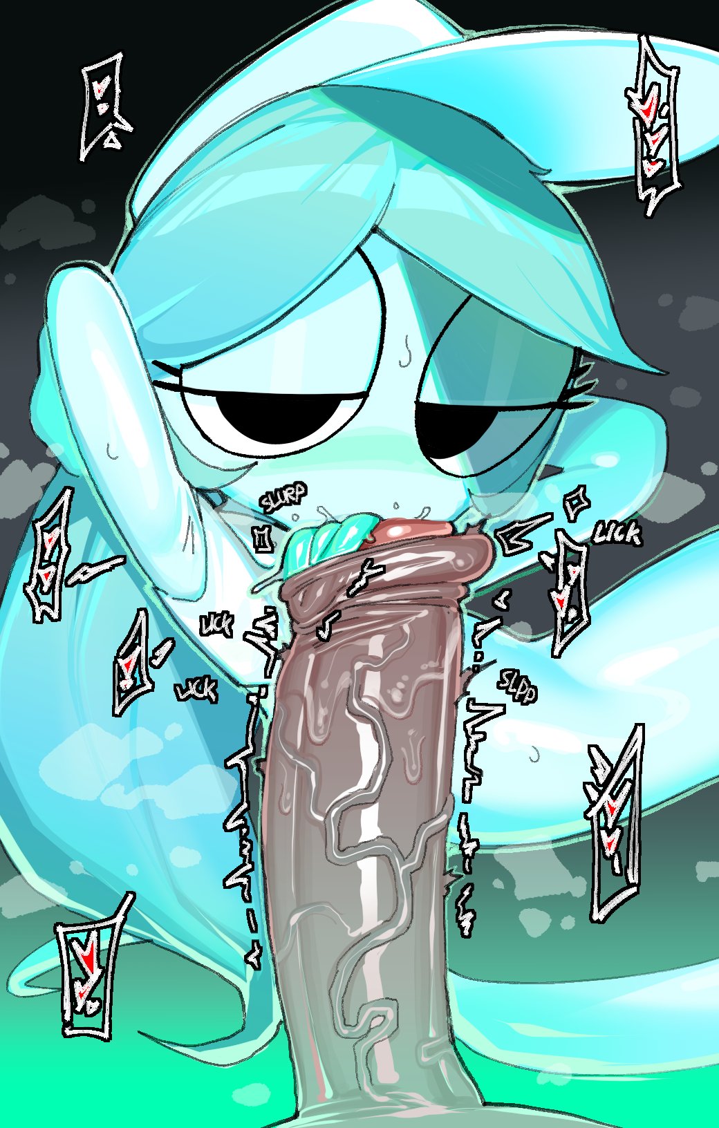 1boy, 1girls, armpit, arms behind head, blue body, blue hair, connie (dandy's world), curved to the right penis, dandy's world, fellatio, female, female focus, foreskin, goatboydraws, heart, heart symbol, huge cock, looking at viewer, male, male/female, oral, partial male, penis, tagme, tongue, tongue in foreskin, uncircumcised, vein, veins, veiny penis