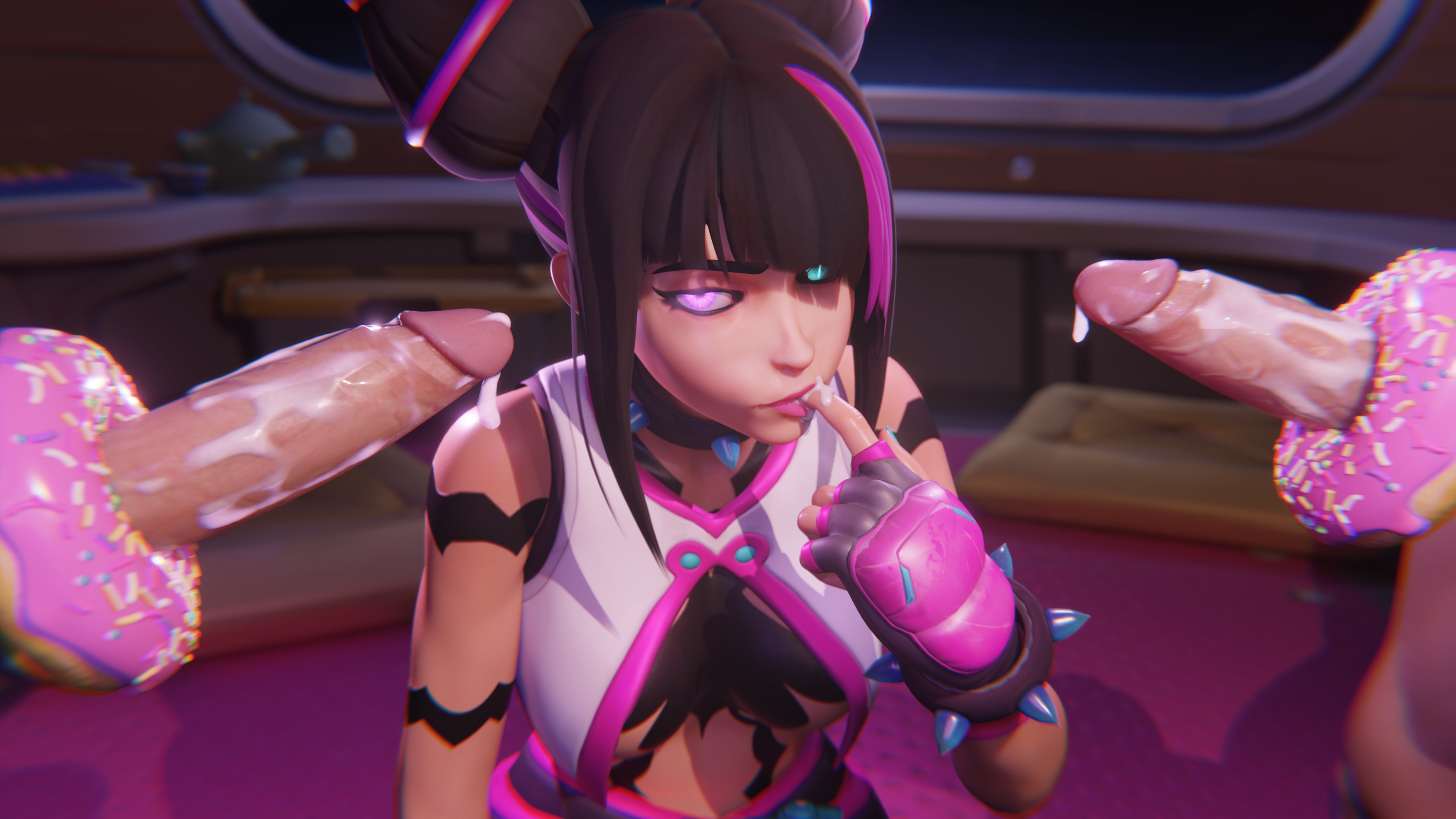 1girls, 2boys, 3d, alexavlewd, asian, asian female, black hair, capcom, cum, cum eating, cum on food, cum on penis, donut, donut on penis, eating cum, erection, female, food play, juri han, juri han (cosplay), juri kiriko, kiriko (overwatch), light skin, light-skinned female, light-skinned male, male, overwatch, overwatch 2, penis, shibarademu, street fighter