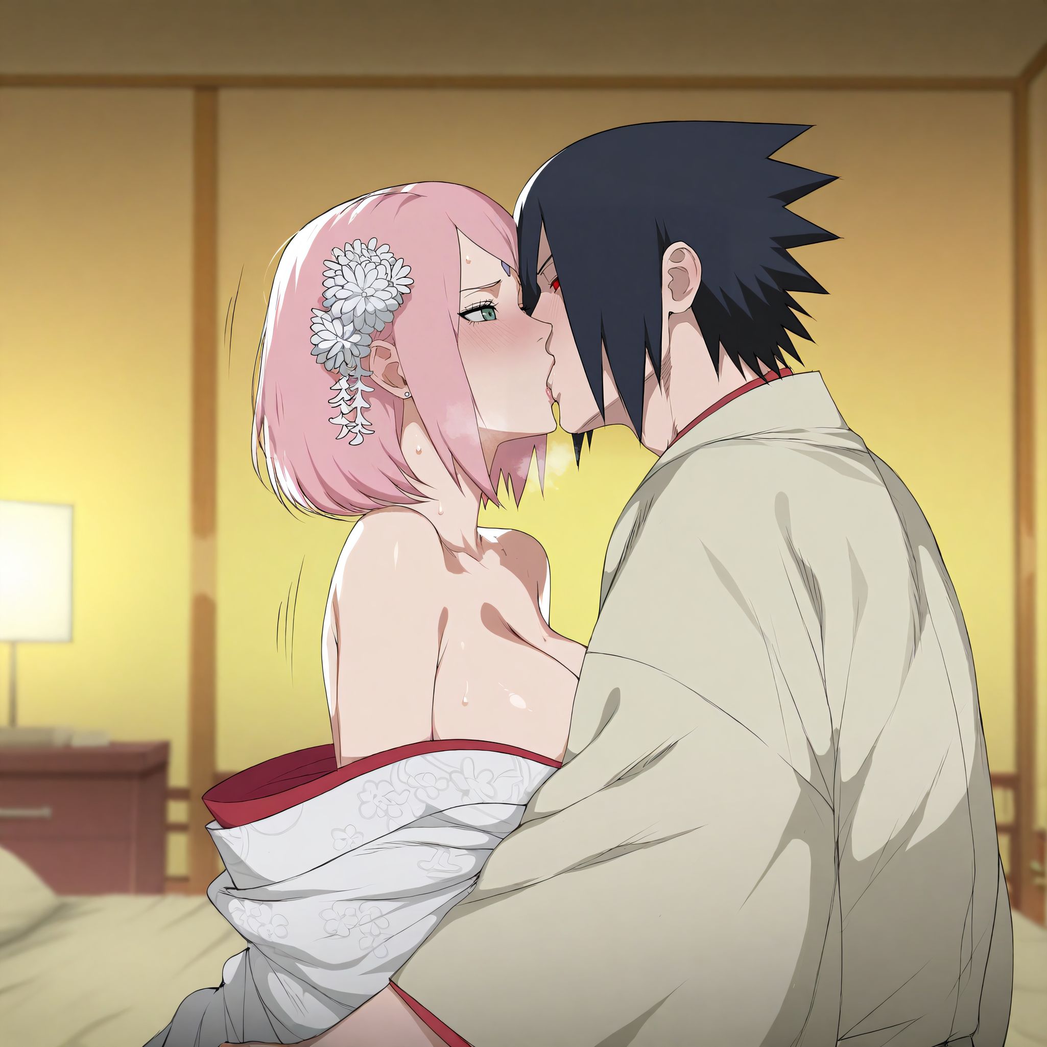1boy, ai generated, alyxiaai, bedroom, black hair, boruto: naruto next generations, cleavage, female, forehead jewel, green eyes, hair flower, hair ornament, kimono, kissing, naruto, naruto (series), naruto shippuden, pink hair, sakura haruno, sasuke uchiha, sharingan, sideboob, straight, uchiha sasuke, wife
