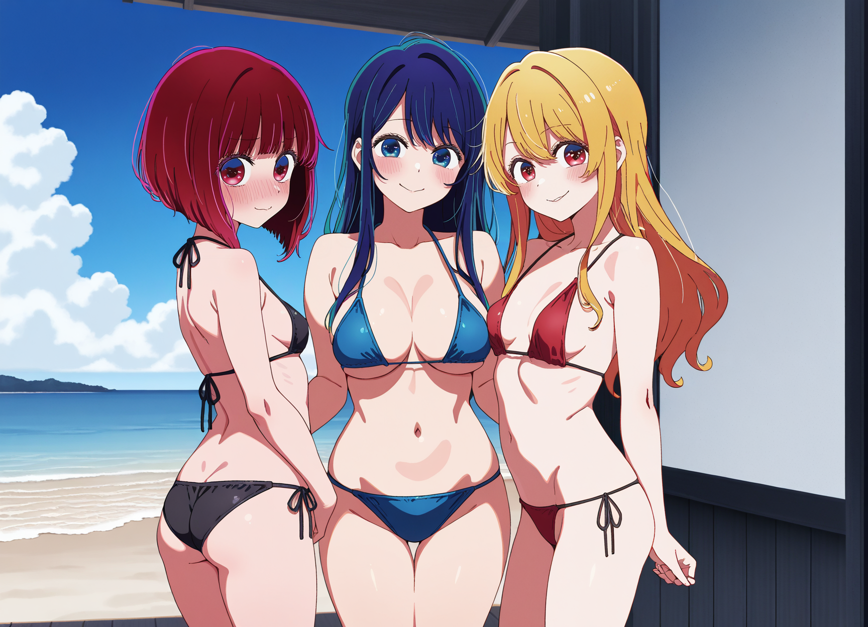 3girls, ai generated, arima kana, beach, beach background, big ass, big breasts, bikini, blush, breasts, female, female only, hoshino ruby, kurokawa akane, oshi no ko, sexy, small ass, small breasts, smiling