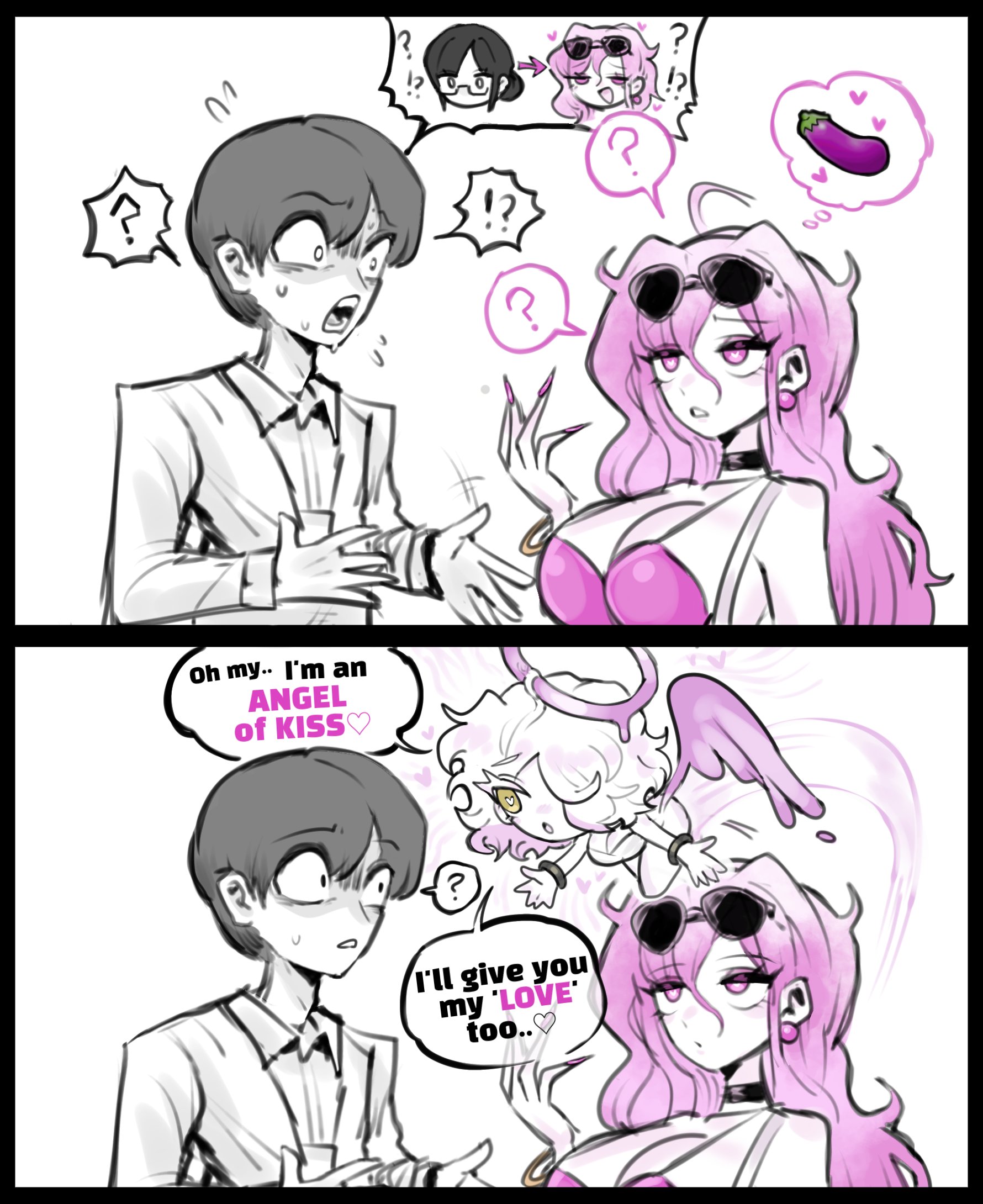 confused, couple, devil girl, female, gender transformation, horny female, omeok911, part 1, pink eyes, pink hair, transformation
