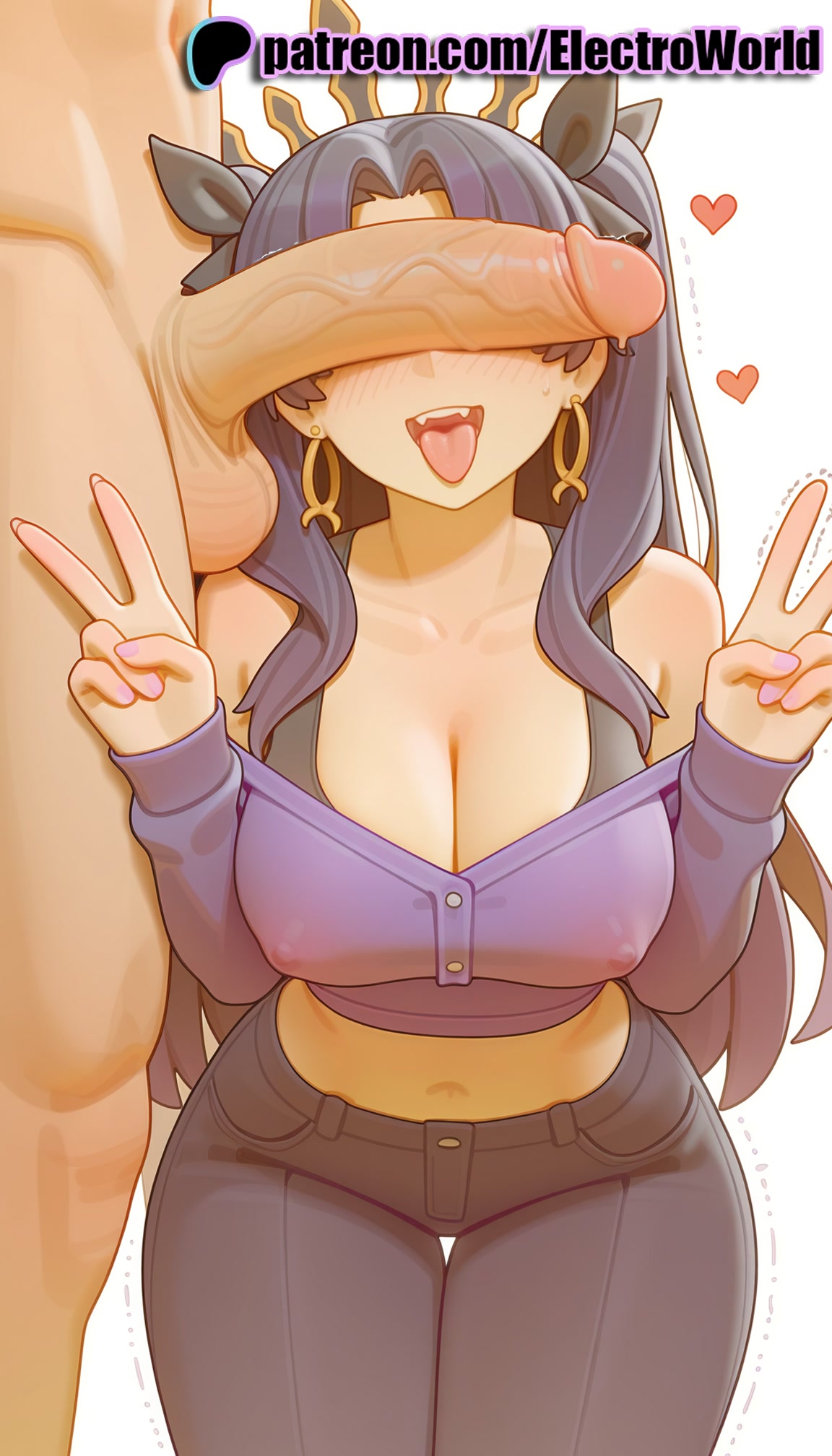 1girls, 2025, ai generated, artist name, bare shoulders, breasts, bust, chest, cleavage, cock, dick, double v, earrings, electroworld, fate (series), fate/stay night, female, heart, hi res, high quality, high resolution, highres, hoop earrings, ishtar (fate), jewelry, male, navel, off shoulder, pants, patreon, patreon username, penis, stable diffusion, straight, tongue, tongue out, trembling, v, w, watermark