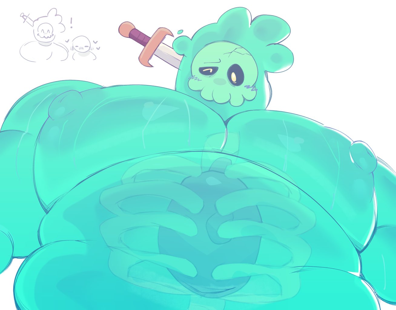 bara, blush lines, chubby, chubby belly, chubby male, doug (monster prom), fat, fat male, gay, looking down, looking down at viewer, male, mentholplug, monster, monster boy, monster prom, moobs, nipples, sword in head, up view, yaoi
