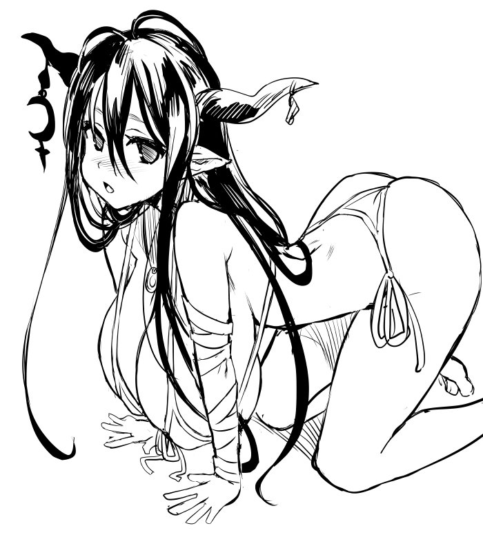 all fours, asanagi, ass, bandaged arm, bandages, bare legs, barefoot, bikini, bikini bottom, bikini top, blush, breasts, cleavage, clothing, danua, draph race (granblue fantasy), ear, feet, female, female only, front-tie bikini, front-tie bikini top, front-tie top, granblue fantasy, greyscale, hair between eyes, hanging breasts, horn ornament, horns, huge breasts, jewelry, legs, long hair, looking at viewer, monochrome, necklace, nose blush, open mouth, pendant, pointed ears, side-tie bikini, side-tie bikini bottom, side-tie clothing, side-tie swimsuit, sidelocks, simple background, solo, swimsuit, white background