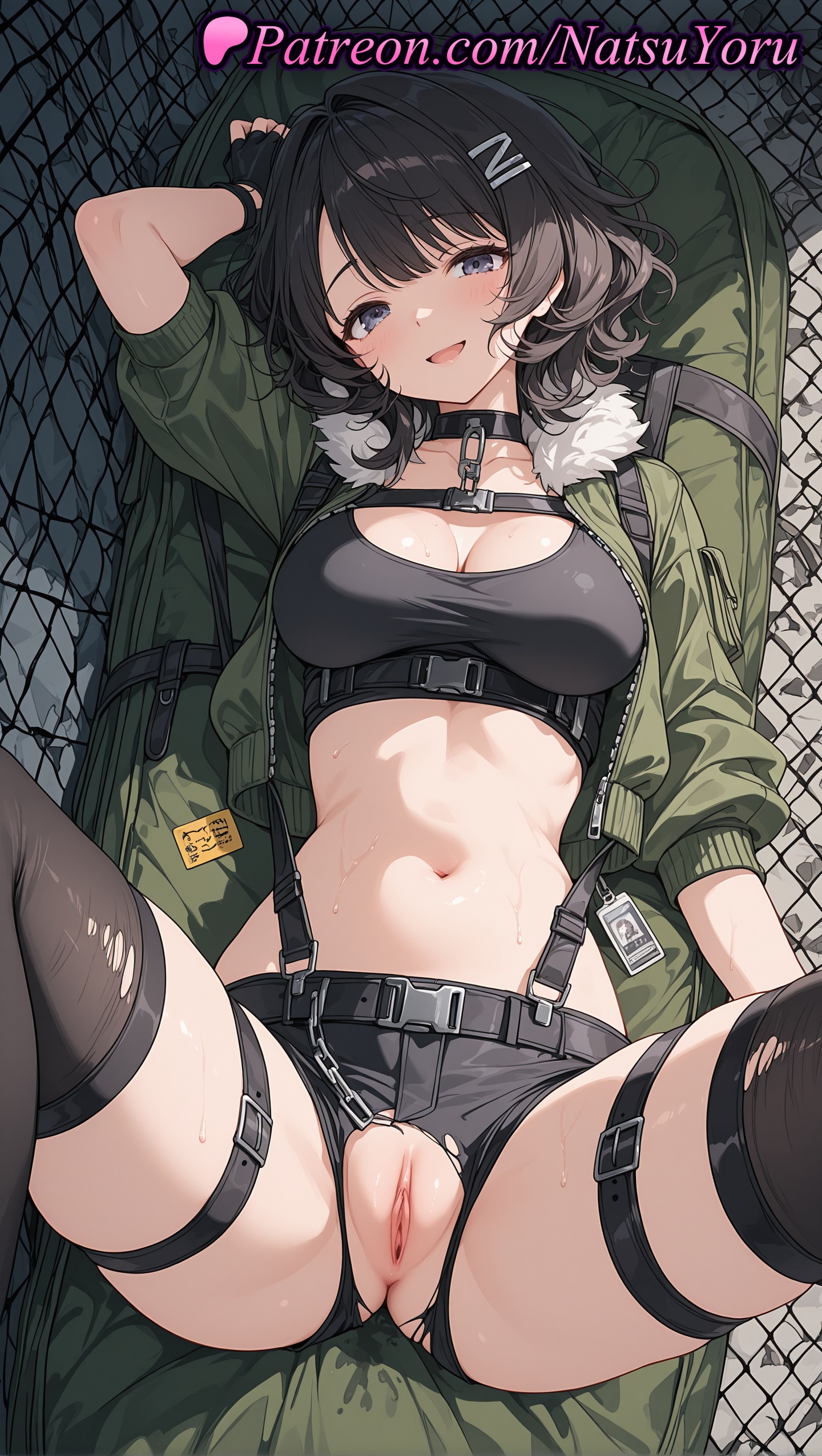 1girls, 2025, ai generated, arm up, black gloves, black hair, black shorts, black sports bra, black thighhighs, breasts, cleavage, crop top, female, fingerless gloves, gloves, green jacket, hair ornament, hi res, highres, hoyoverse, jacket, jane doe (zenless zone zero), labia, large breasts, looking at viewer, lying, mihoyo, natsuyoru, navel, on back, open clothes, open jacket, open mouth, patreon, pussy, short hair, shorts, smile, solo, spread legs, stomach, thighhighs, torn clothes, torn thighhighs, vagina, voluptuous, voluptuous female, zenless zone zero