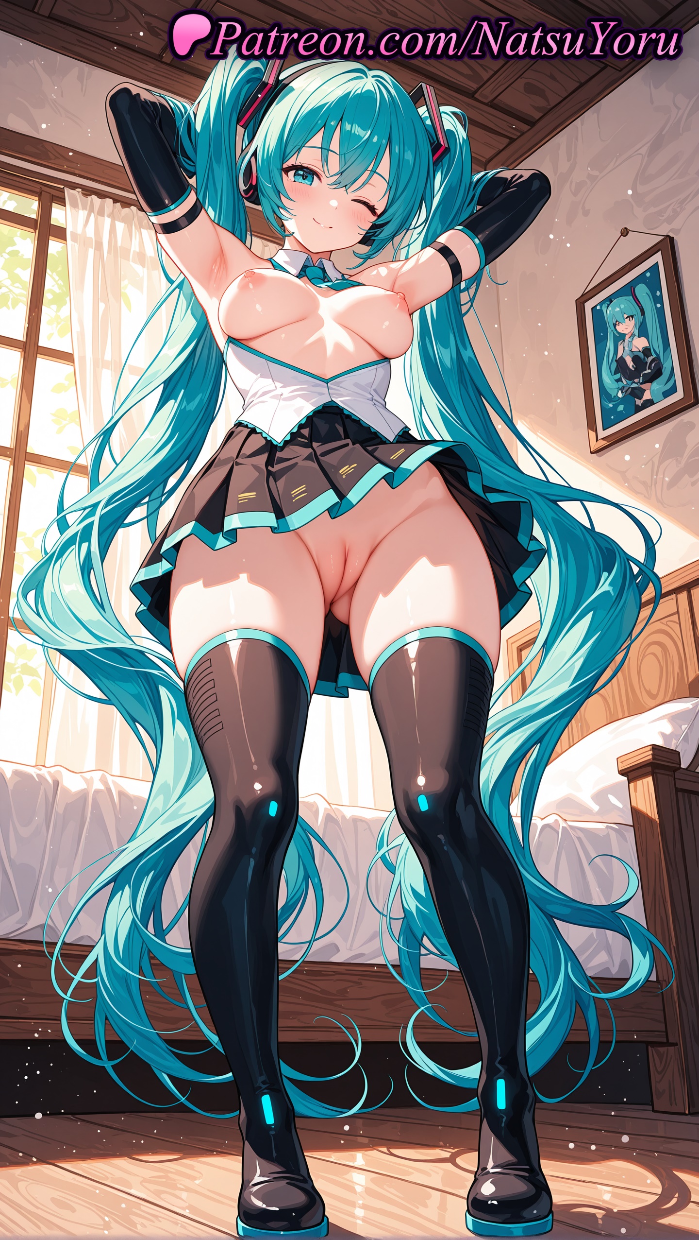 1girl, 1girls, 2025, ai generated, aqua eyes, aqua hair, armpits, arms behind head, arms up, ass visible through thighs, bangs, bed, black footwear, black skirt, black thighhighs, blush, boots, breasts, breasts out, censored, closed mouth, curtains, detached sleeves, elbow gloves, female, full body, gloves, hatsune miku, hi res, highres, indoors, long hair, looking at viewer, medium breasts, natsuyoru, necktie, nipples, no panties, one eye closed, patreon, pleated skirt, pussy, shirt, skirt, smile, solo, standing, thigh boots, thighhighs, thighs, twintails, uncensored, vagina, very long hair, vocaloid, voluptuous, voluptuous female, window