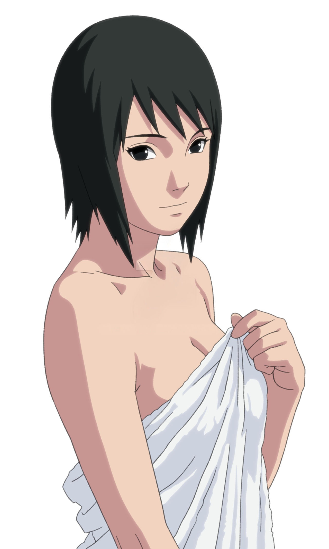 1girls, black eyes, black hair, blush, breasts, female, female only, half naked, kiripetals, looking at viewer, medium breasts, naruto, naruto (classic), naruto (series), naruto: the last, pinup, plain background, shizune, short hair, showing breasts, simple background, smile, smiling at viewer, smirk, smirking at viewer, solo, sweaty body, towel, towel only, upper body, wet, wet body, white background