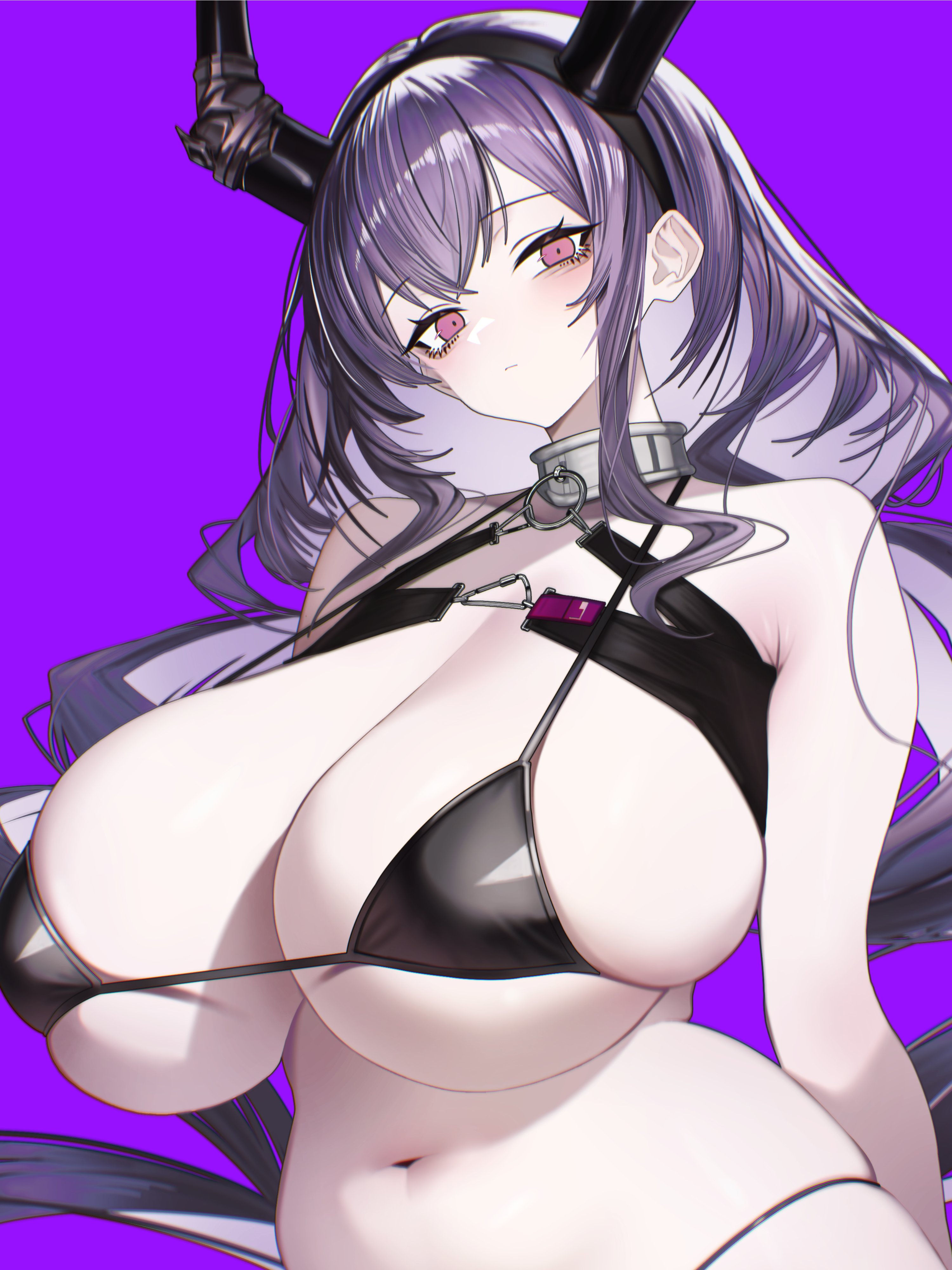 1girls, arknights, arms behind back, black bikini, blush, breasts, choker, curvy, expressionless, female, huge breasts, looking at viewer, plump, purple background, simple background, skindentation, solo, tummy, typhon (arknights), upper body, voluptuous, vxdrq