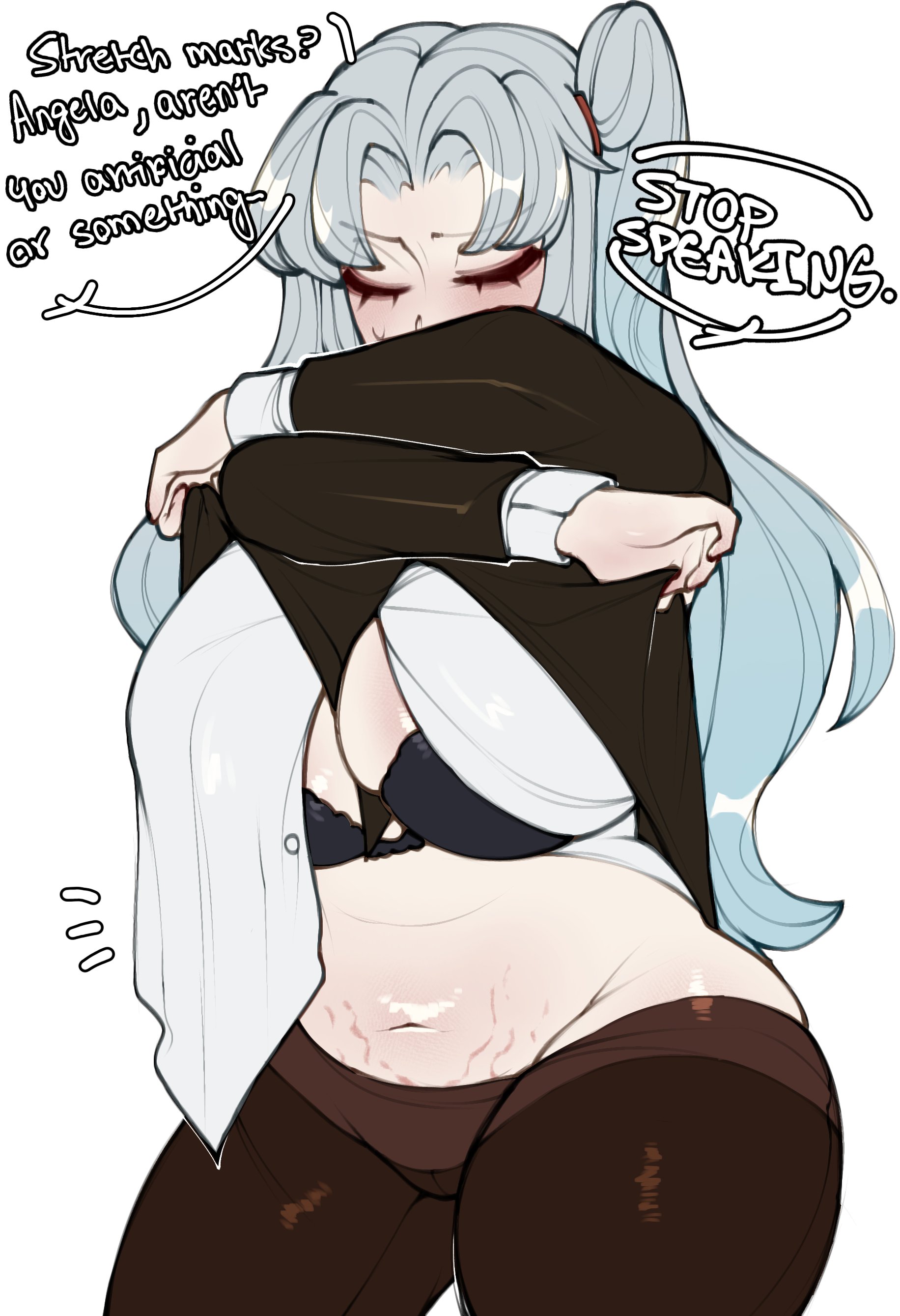 angela (lobotomy corporation), chubby, closed eyes, dialogue, english dialogue, english text, lobotomy corporation, project moon, renata11033, silver hair, stretch marks, tagme, text, undressing, undressing self, white background