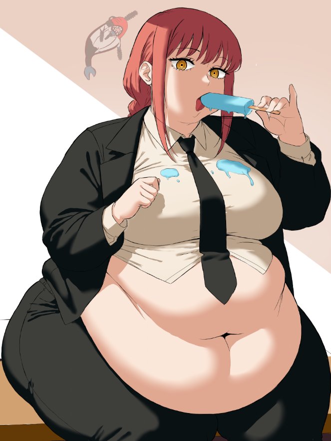 bangs, bbw, belly, big belly, big thighs, business attire, business suit, business woman, businesswear, chainsaw man, cherryzard98, chubby, chubby female, fat, fat female, female, food, huge belly, huge thighs, hypnotic eyes, looking at viewer, makima (chainsaw man), messy, obese female, overweight, overweight female, popsicle, popsicle in mouth, pov, red hair, ssbbw, thick thighs, yellow eyes