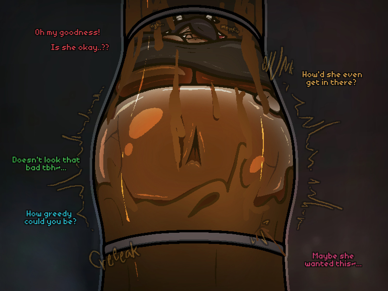 big breasts, breasts, chocolate, chocolate pipe, cleavage, female, huge breasts, inflation, sinflative, spherical inflation, stuck in pipe, tagme, thick thighs, wide hips