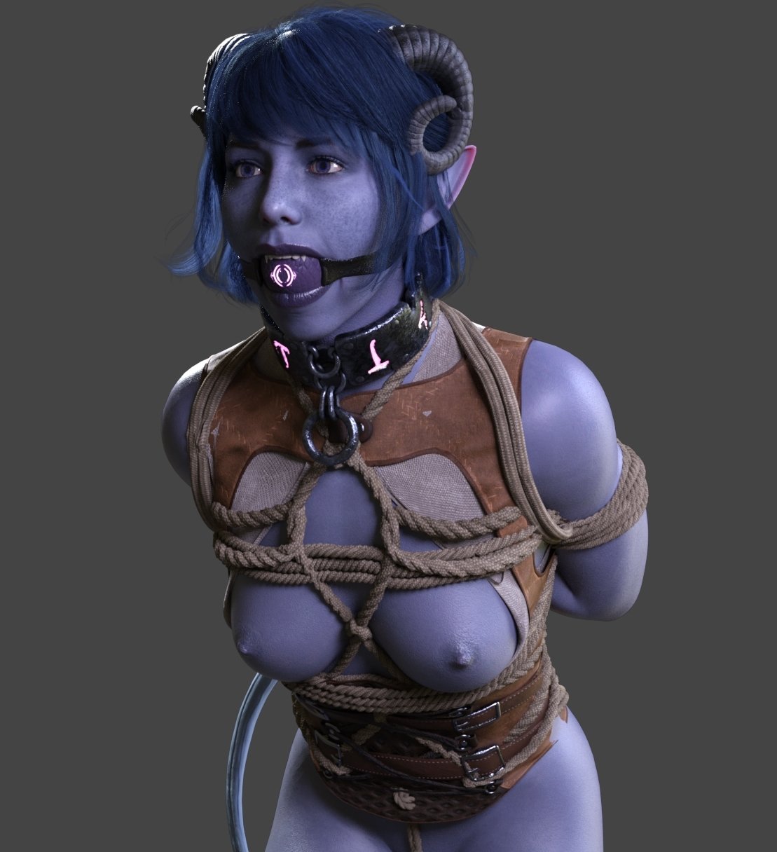 1girls, 3d, ball gag, blue hair, blue skin, blue-skinned female, bondage, breasts, collar, critical role, dungeons and dragons, fantasy, female, female only, gag, gagged, horns, jester lavorre, nipples, restrained, rope, slave collar, solo, spm fx, tiefling