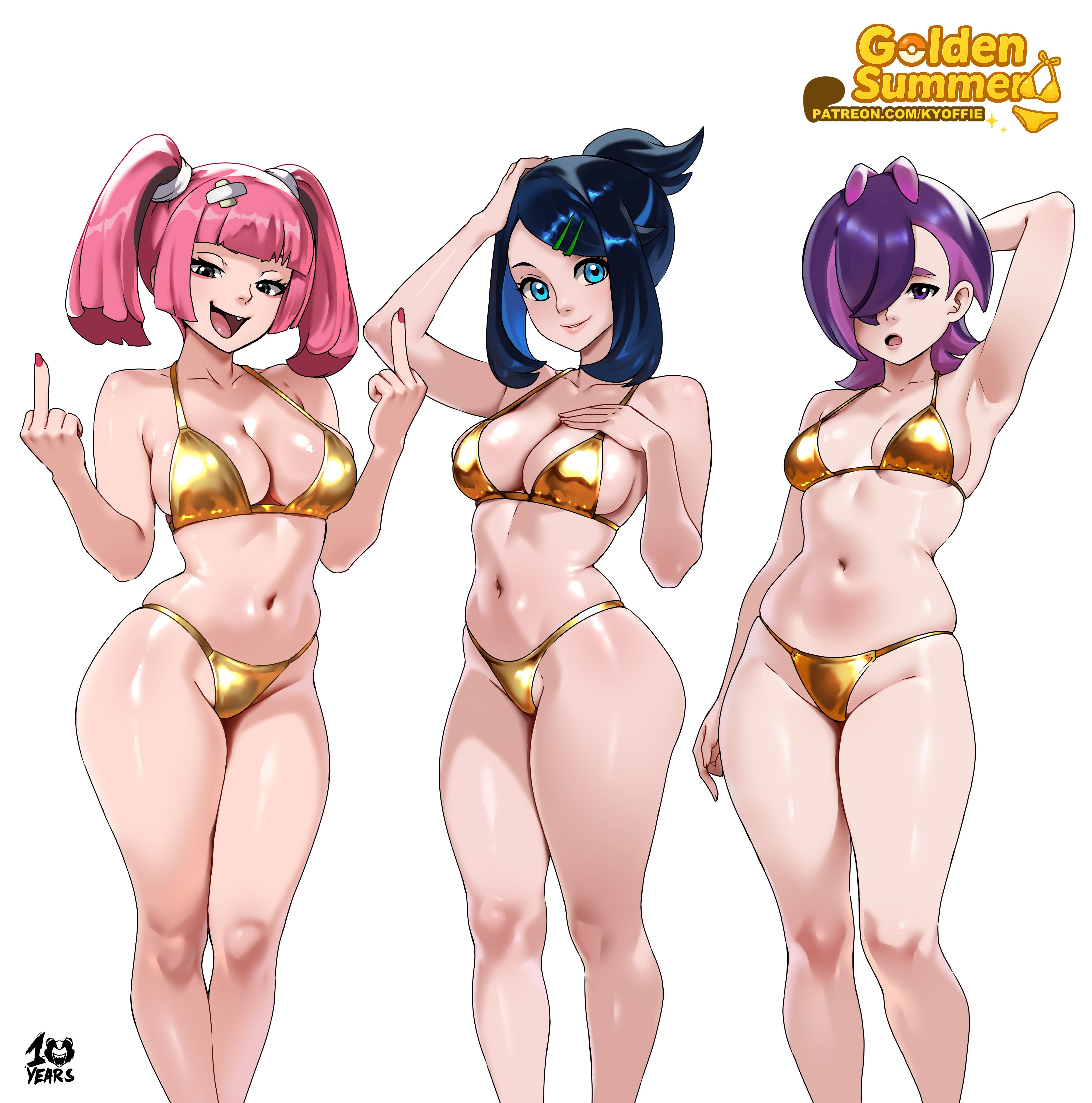 2025, 3girls, big breasts, blue eyes, blue hair, blue-haired female, breast size difference, breasts, coral (pokemon), dot (pokemon), female, female only, game freak, gold bikini, grey eyes, hair over one eye, kyoffie, liko (pokemon), middle finger, nintendo, pale skin, pale-skinned female, pink hair, pink-haired female, pokemon, pokemon (anime), pokemon horizons, purple eyes, purple hair, purple-haired female, small breasts, swimwear, tagme, thick thighs, watermark, white background