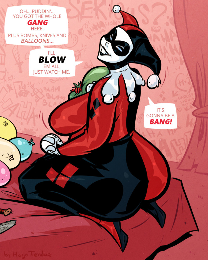 artist name, balloon, bbw, blue eyes, bodysuit, breasts, costume, dc, dc comics, domino mask, english, english text, female, harley quinn, harley quinn (classic), huge ass, hugotendaz, innuendo, jester, jester hat, jester outfit, knife, large breasts, looking at viewer, looking back, looking over shoulder, mask, speech bubble, text, villainess, weapon, white facepaint