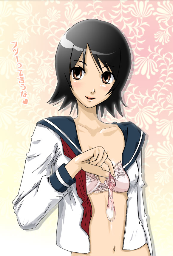 after_sex black_hair blush bra brown_eyes clothing condom female hitou_nami lingerie navel no_pants open_clothes open_mouth open_shirt pink_bra sakebuotoko sayonara_zetsubou_sensei school_uniform shirt short_hair translated translation_request underwear used_condom