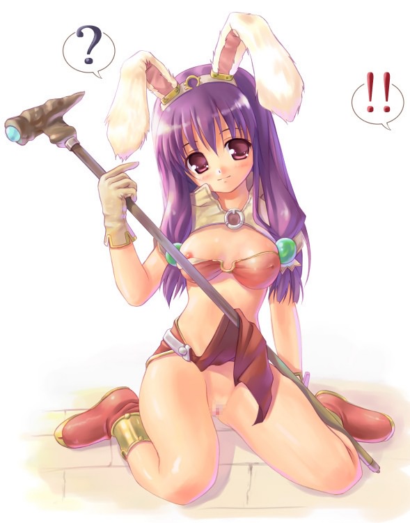 ? akamaru animal_ear blush bunny_ear censored fantasy footwear gloves kneeling mage mage_(ragnarok_online) midriff nipple_slip nipples pink_eyes purple_hair pussy ragnarok_online rod sitting skirt skirt_lift socks staff tied_hair twintails