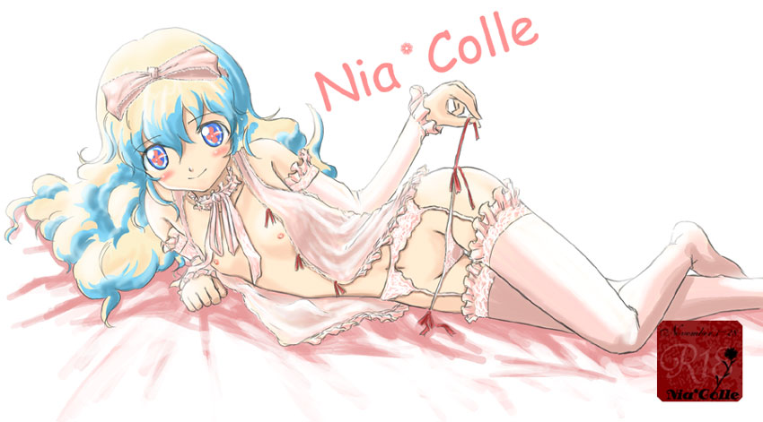 blush bow chiaki_lsd choker flat_chest frills hairbow lingerie multicolored_hair nia_colle nia_teppelin nipples panties side-tie_panties tengen_toppa_gurren-lagann tengen_toppa_gurren_lagann thighhighs underwear