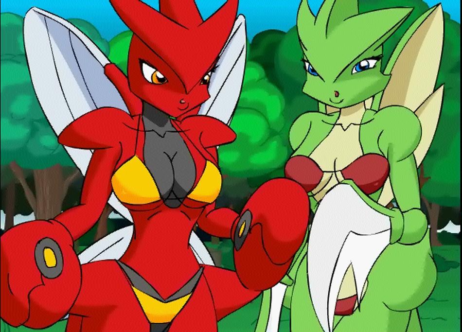 anthro bikini breasts color female female_only furry furry_only hassam insect mantis multiple_females nin10doh nintendo pikanjo pokemon pokemon_gsc pokemon_rgby pokemon_snap_xxx scizor scyther strike_(pokemon) swimsuit wings