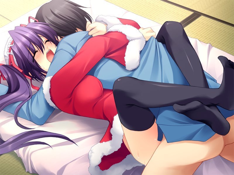 bed black_hair blush christmas circus_disk_christmas_days closed_eyes clothed_sex dress error game_cg happy_sex hat hug leg_hug leg_lock long_hair miniskirt missionary moan moaning nanao_naru open_mouth orgasm purple_hair ribbon santa_costume screaming sex shirakawa_tsumire shirt skirt thighhighs tied_hair twintails