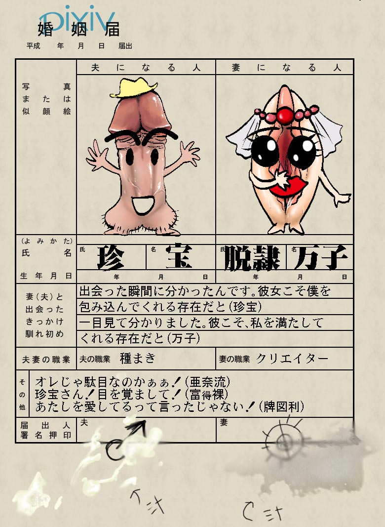 1boy 1girls bad_id bad_pixiv_id clitoral_hood clitoris cum cum_on_paper hat hat_only japanese_text jewelry marriage_certificate mars_symbol penis phallic_imagery pixiv pussy pussy_juice_stain rottan_(pixiv457859) testicles translation_request veil venus_symbol vulva what yellow_hat yonic_symbol