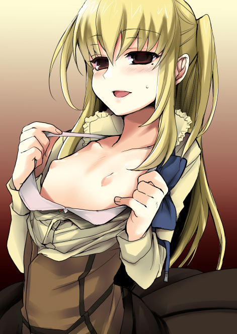 1boy androgynous arched_back beauty_mark blush bra breasts brown_eyes collarbone color crossdressing female femboy flat_chest girly lingerie long_hair male_only maria_holic mole nipples open_clothes open_shirt pointy_chin shidou_mariya shirt smile solo tagme trap udk underwear