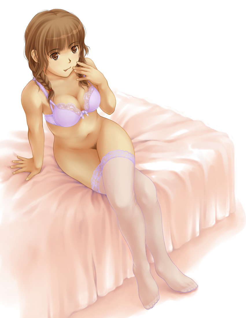 bed bottomless bra braid breasts brown_eyes brown_hair cleavage crossed_legs kimi_kiss legs_crossed lingerie mizusawa_mao no_panties pubic_hair sitting suda_(yuunagi_enikki) thighhighs tongue twin_braids underwear yuunagi