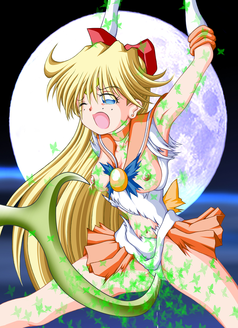 bishoujo_senshi_sailor_moon blonde_hair blue_eyes bow breasts butterflies clothing female hairbow human long_hair minako_aino moon nipples rape ryusaiku sailor_venus skirt small_breasts straight_hair torn_clothes wince