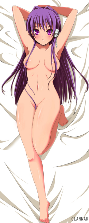 arms_behind arms_behind_back barefoot bed bow breasts clannad convenient_censoring fujibayashi_kyou hair_over_breasts legs long_hair lying medium_breasts navel nude purple_hair sahare straight_hair the_bed