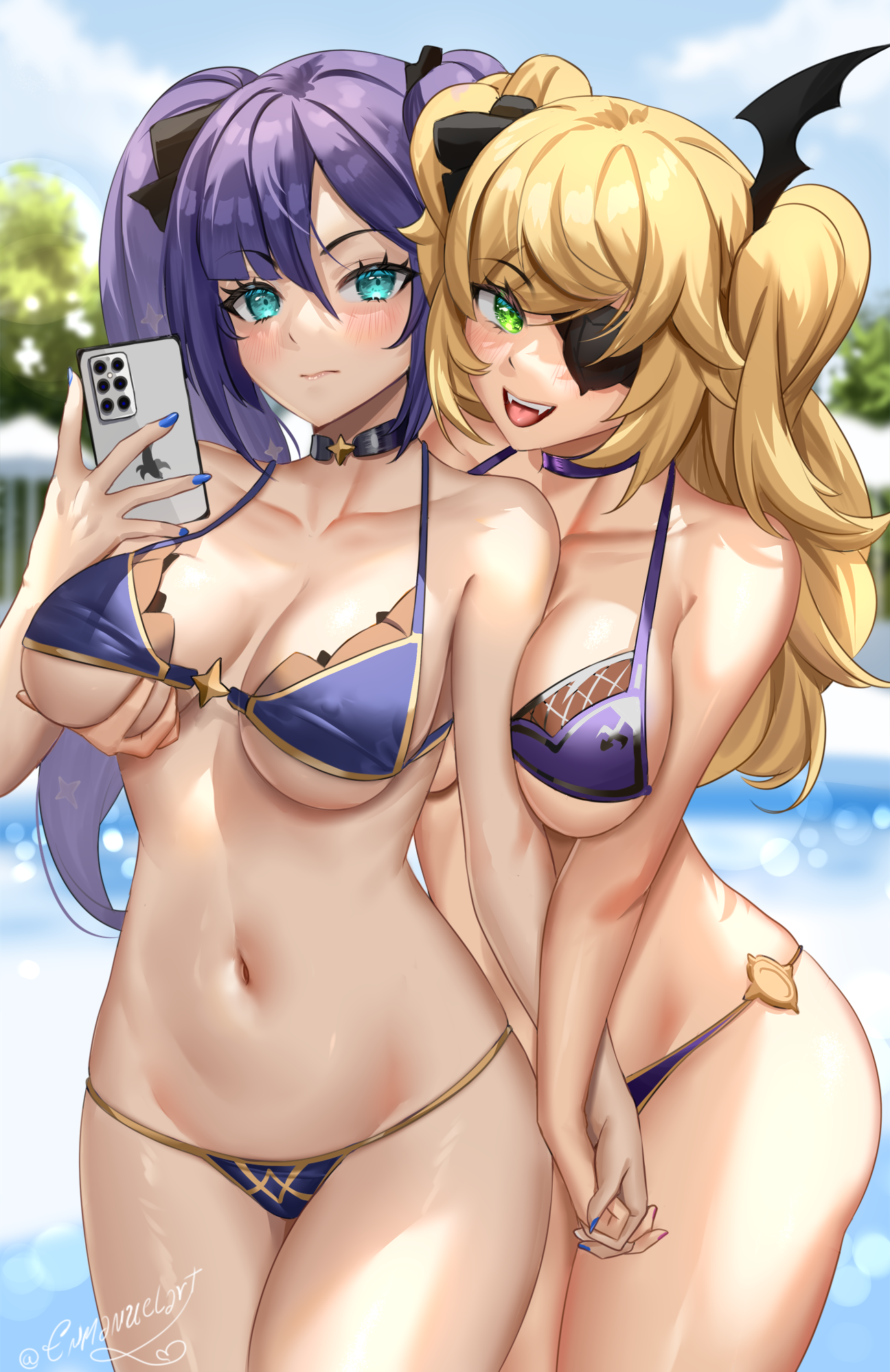 2girls, aqua eyes, bikini, blonde hair, blue nails, blush, breast grab, breasts, cellphone, choker, couple, covered erect nipples, duo, enmanuelart20, fangs, female, female only, fischl (genshin impact), genshin impact, grabbing, green eyes, highres, holding hands, human, long hair, looking at viewer, medium breasts, mona (genshin impact), multiple females, multiple girls, nail polish, navel, open mouth, phone, purple hair, signature, smartphone, smile, swimsuit, tied hair, twintails, underboob, yuri