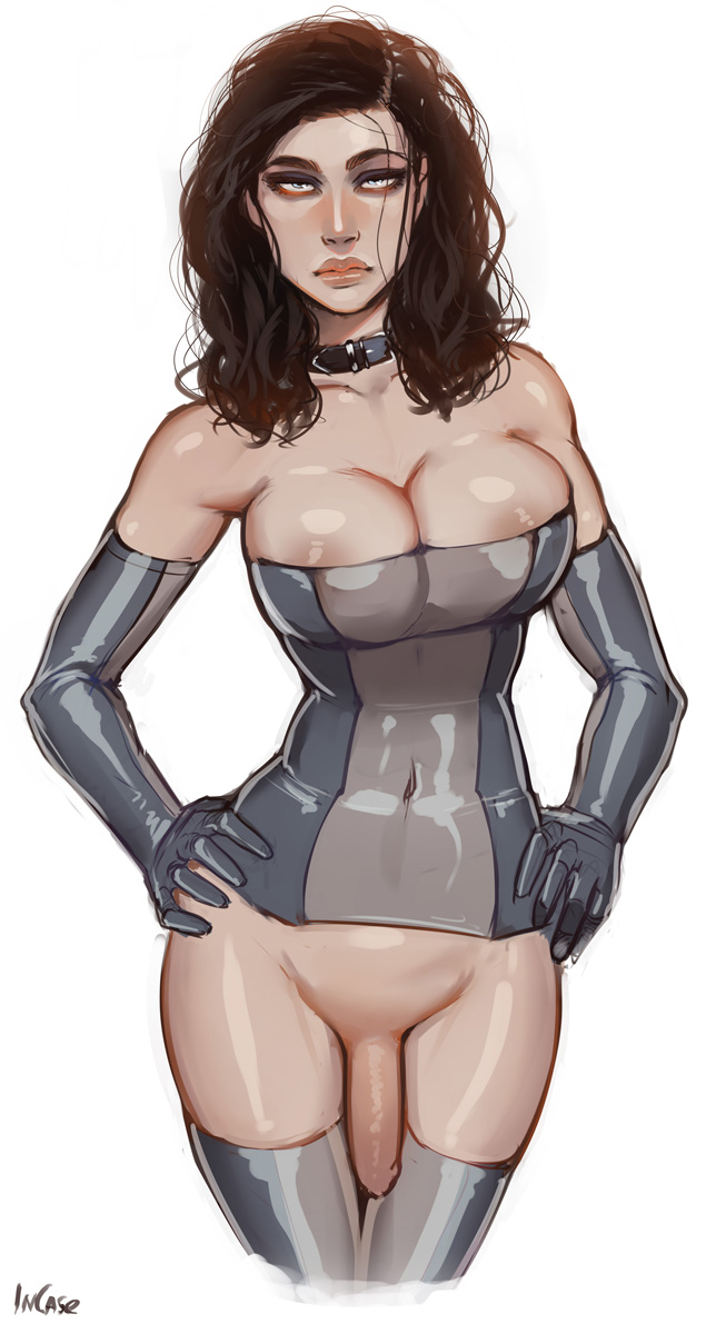 1futa, 2013, areola slip, black hair, breasts, cleavage, collar, corset, elbow gloves, flaccid, futa only, futanari, gloves, hand on hip, incase, intersex, latex, long hair, navel, no panties, penis, solo, solo futa, standing, thighhighs