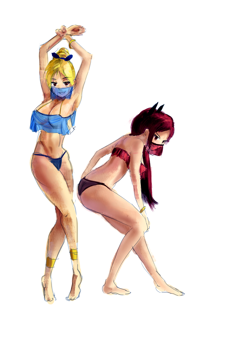 2girls, arabian clothes, belly dancer, blonde hair, breasts, brown eyes, dancer, erza scarlet, fairy tail, female, female only, hair, harem girl, harem outfit, human, jewelry, large breasts, lucy heartfilia, lucy heartfilia (belly dancer), multiple females, multiple girls, ponytail, red hair, ribbon, see-through, sheer, slave, smiling, tied hair, veil