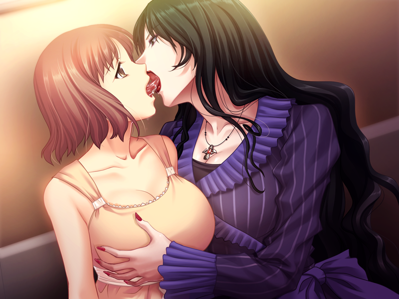 2girls black_hair breast_grab breasts brown_hair female game_cg kissing large_breasts multiple_girls nail_polish open_eyes open_mouth saliva sayoko_(game) sayoko_(yami_no_koe) short_hair tongue yuri