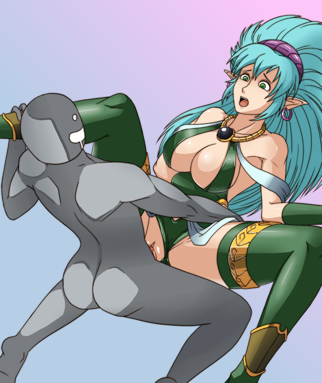 1boy 1girls ass breasts cisty deadmoon earrings elf green_hair large_breasts lightbringer pointy_ears sex taito uncensored vaginal_penetration