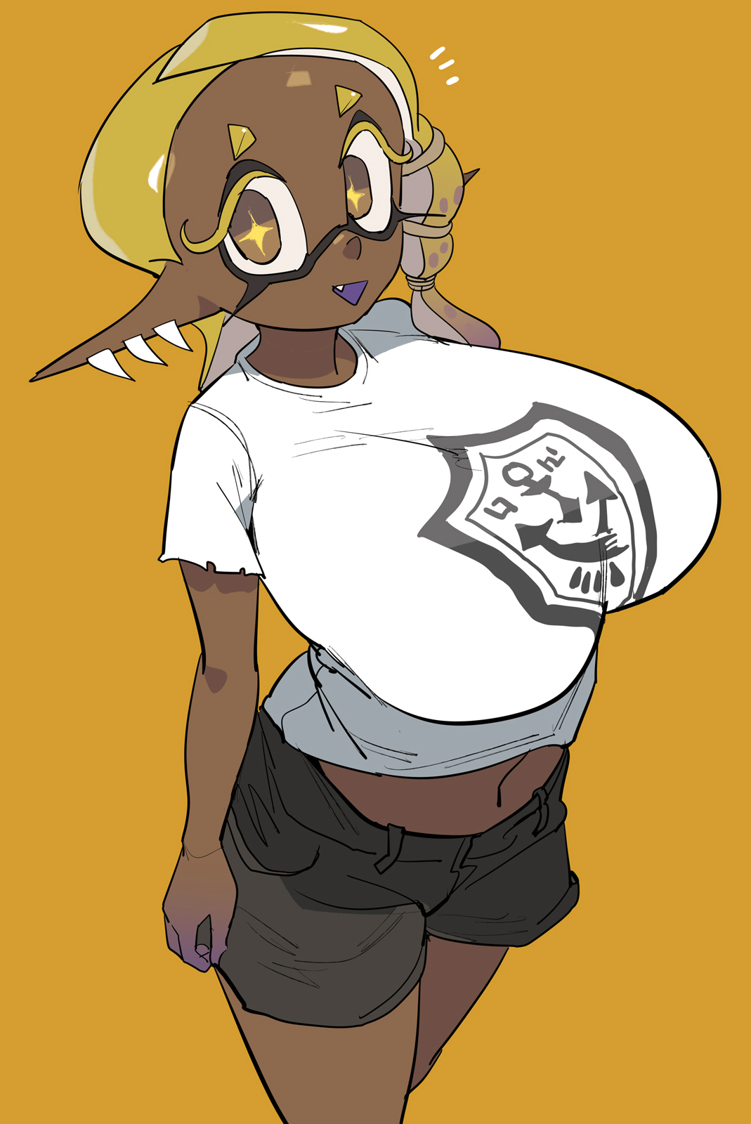 1girls, big breasts, breasts, casual, casual clothes, dark skin, dark-skinned female, female, frye (splatoon), huge breasts, inkling, looking at viewer, nintendo, short hair, splatoon, splatoon (series), splatoon 3, tentacle hair, yellow hair, yuta agc