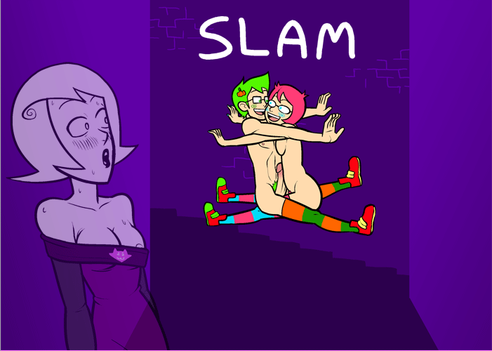 1boy 2girls areolae black_lipstick blue_eyes blush breasts dress glasses gloves green_eyes green_hair homestuck jake_english jane_crocker ms_paint_adventures naked nipples open_mouth penis pink_hair pubic_hair purple_background roxy_lalonde shamefuldisplay short_hair socks straight text translucent trickster_mode watching white_hair white_skin