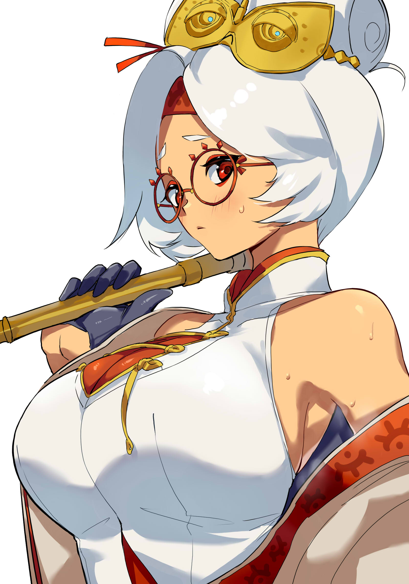 black gloves, breasts, eyeshadow, female, glasses, gloves, highres, holding, large breasts, makeup, negresco, nintendo, purah, purah (tears of the kingdom), red eyes, red eyeshadow, red-framed eyewear, round eyewear, sheikah, short hair, simple background, solo, sweat, tears of the kingdom, the legend of zelda, upper body, white background, white hair