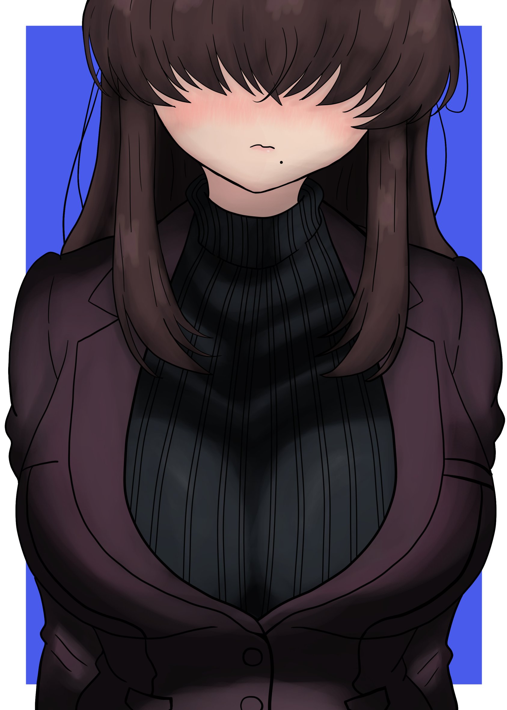 1girls, 2026, alexxx f t, big breasts, blue background, blush, breasts, brown hair, clothed, clothing, color, colored, female, female only, fully clothed, hair, hair between eyes, hi res, huge breasts, kakure meme, kimi no koto ga dai dai dai dai daisuki na 100-nin no kanojo, light skin, light-skinned female, simple background, solo, white body
