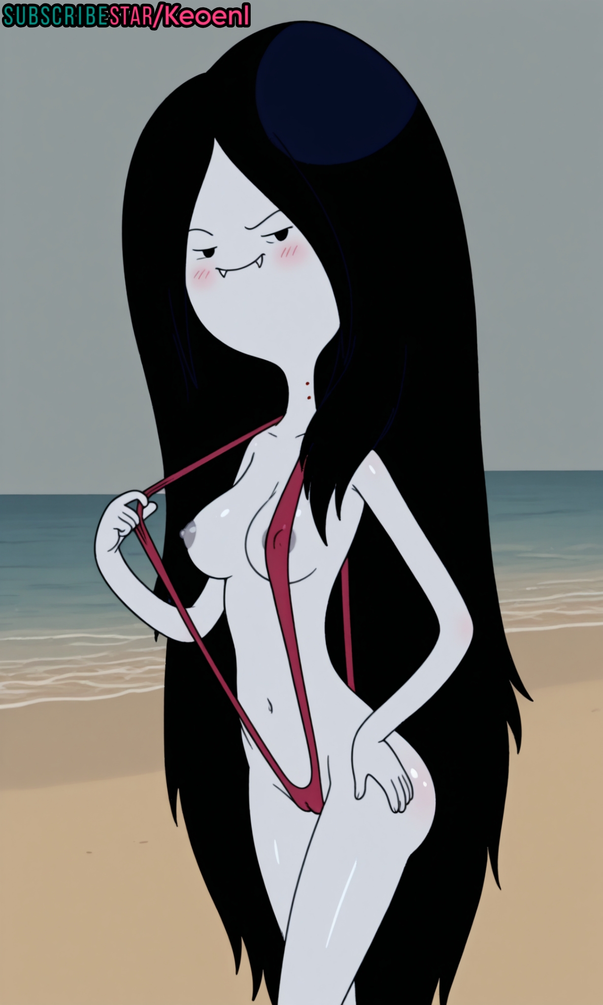 1girls, accurate art style, adventure time, ai generated, areola slip, areolae, ass, bathroom, beach, big ass, black eyes, black hair, blush, breasts, cartoon network, exposed breasts, fangs, female, female focus, female only, fionna and cake, glass, gray nipples, grey body, happy, hi res, keoenl, long hair, marceline, marceline abadeer, marceline the vampire queen, medium breasts, nipples, ocean, posing, public, public indecency, public nudity, pussy, pussy juice, sand, sexy, sling bikini, sling bikini aside, slingshot swimsuit, smile, smug, solo, solo female, standing, subscribestar, swimsuit, thick thighs, thighs, vampire, vampire girl, wide hips