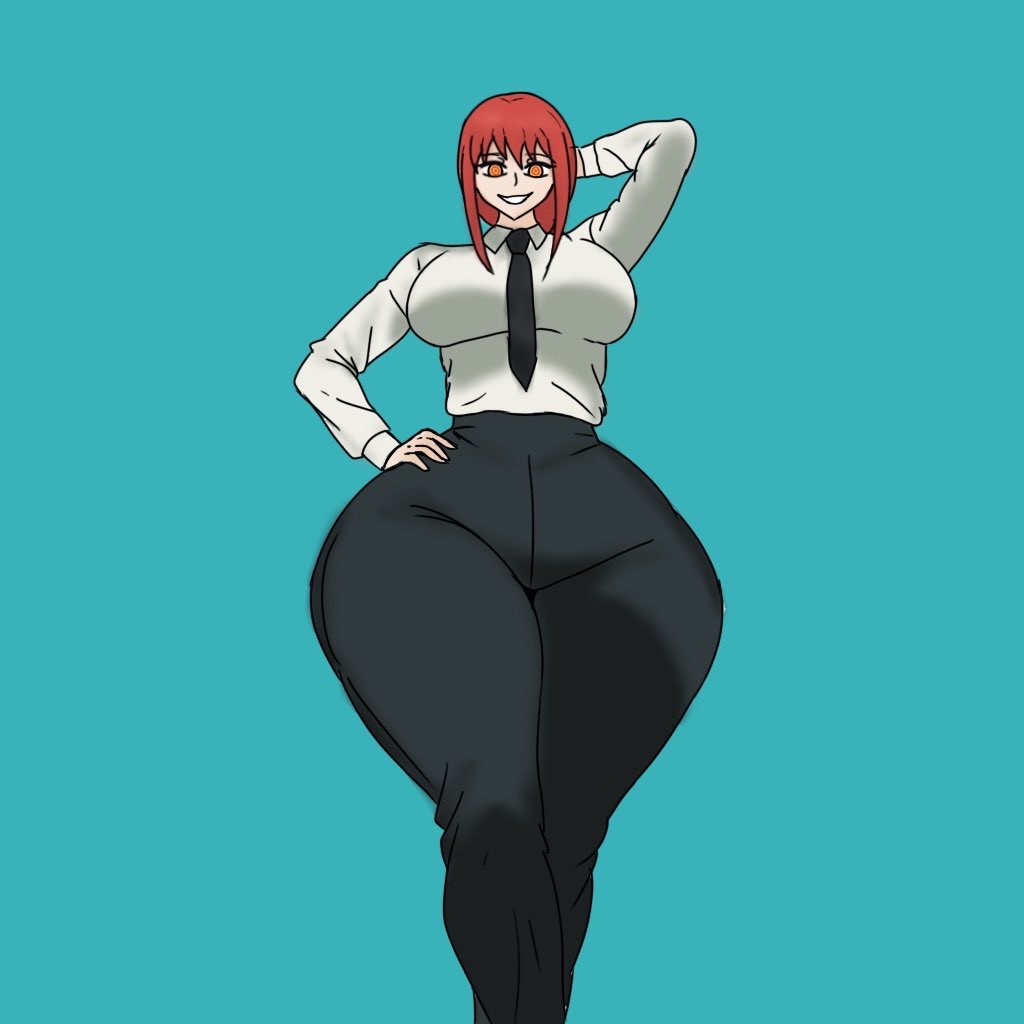 1girls, 2020s, 2025, 2025s, alternate breast size, alternate breast size (larger), big breasts, blue background, boobs, breasts, chainsaw man, child bearing hips, curvaceous, curvaceous female, curvaceous figure, curves, curvy, curvy body, curvy female, curvy figure, curvy hips, fully clothed, hand behind head, hips, hips wider than shoulders, huge hips, jpg, justchris, legs, makima (chainsaw man), office clothing, office lady, red hair, simple background, smile, smiling, smiling at viewer, solo, solo female, solo focus, spiral eyes, standing, thick hips, thick legs, thick thighs, thunder thighs, thunderthighs, voluptuous, voluptuous female, yellow eyes