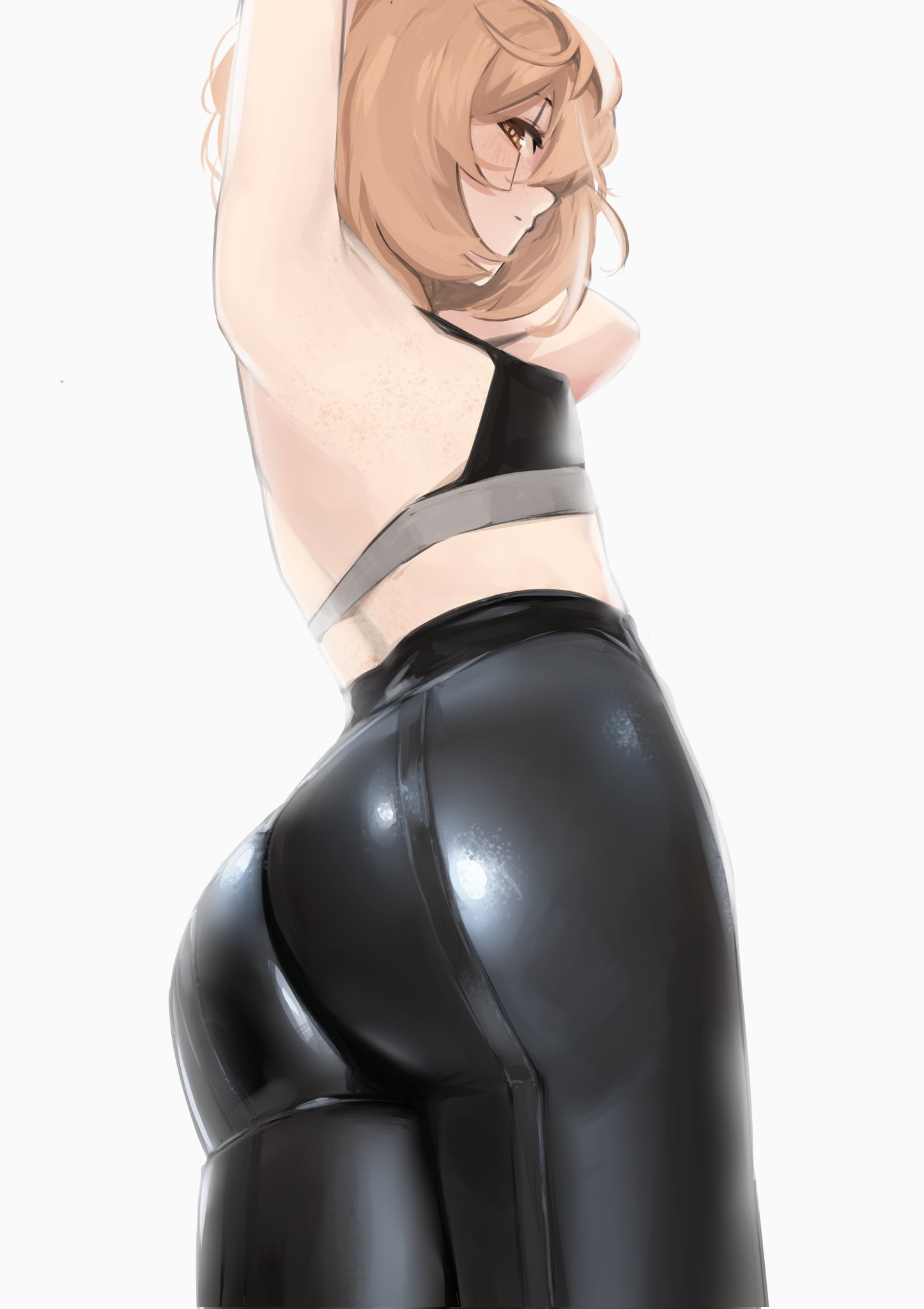 1girls, arms up, ass, ass focus, back, big ass, big butt, black pants, breasts, brown eyes, brown hair, clio aite, fat ass, female, flat chest, hag, hair between eyes, highres, huge ass, large ass, leather, leather pants, looking back, mature, mature female, older female, pants, phase connect, pupi, pupi (rain prophet), scar, scar across eye, scar on face, short hair, small breasts, solo, sports bra, teacher, thick, thick ass, thighs, tight clothes, tight pants, virtual youtuber, vtuber, white background