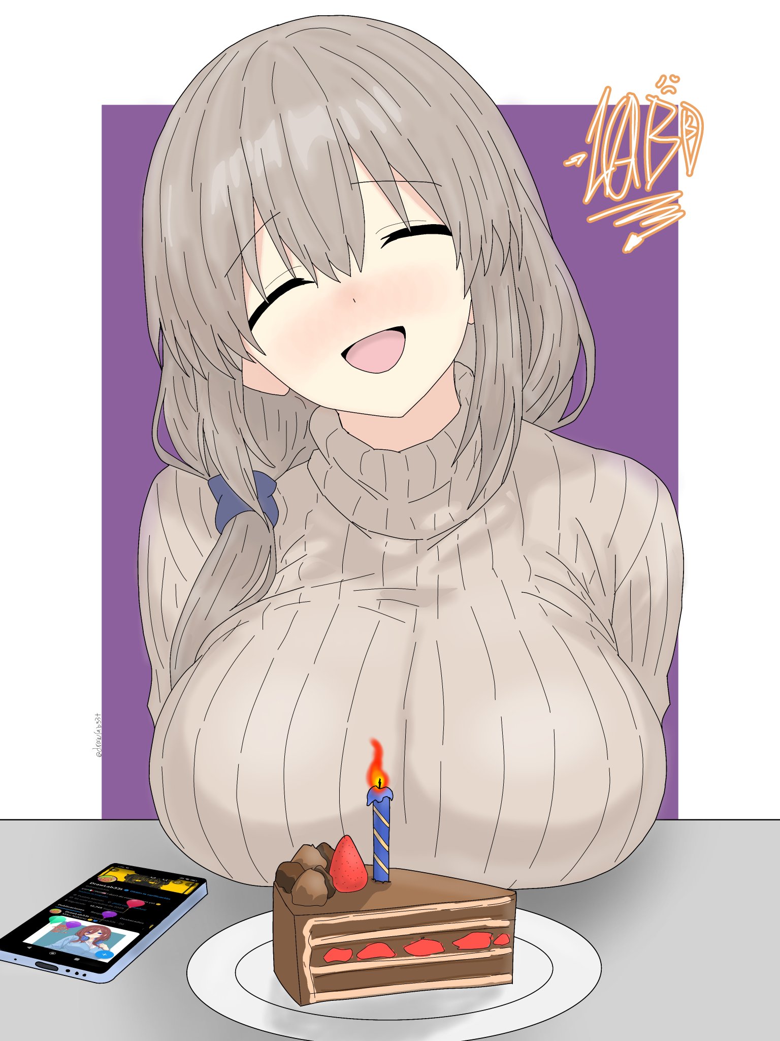 :d, 1girls, big breasts, blush, breasts, cake, closed eyes, drawlab33t, facing viewer, female, female only, fruit, huge breasts, large breasts, long hair, open mouth, plate, ribbed sweater, smile, solo, strawberry, sweater, uzaki tsuki, uzaki-chan wa asobitai!