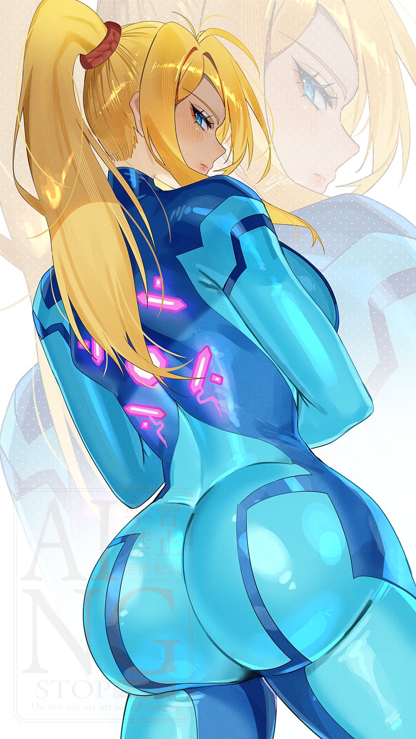 1girls, ass, ass focus, back, big ass, big breasts, blonde hair, blue bodysuit, blue eyes, bodysuit, breasts, curvy, female, female only, highres, huge ass, large breasts, light-skinned female, looking back, metroid, nintendo, ponytail, samus aran, shiny clothes, skin tight, solo, standing, tight clothes, tight clothing, yasaikakiage, zero suit, zero suit samus