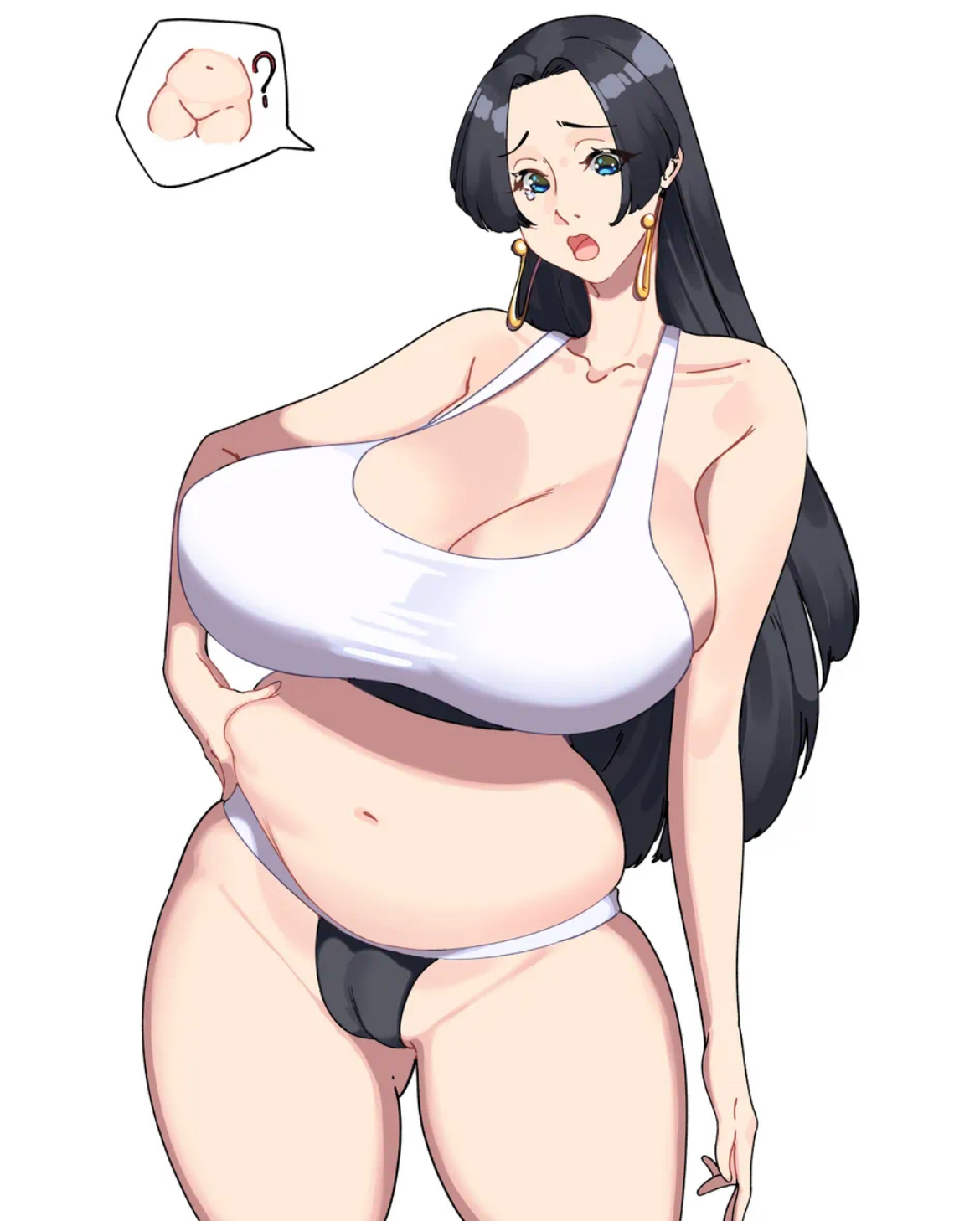47 hard, ass, ass visible through thighs, belly, belly grab, belly overhang, belly squish, big belly, big breasts, big thighs, black hair, blue eyes, boa hancock, breasts, breasts bigger than head, cameltoe, chubby, chubby female, cute, cute face, fat, fat belly, fat female, fat fetish, female, female focus, female only, grabbing belly, huge breasts, long hair, looking down, midriff, mouth open, one piece, pale-skinned female, pussy outline, sexy, sexy body, snake earrings, solo, solo female, solo focus, squishing belly, thick, thick legs, thick thighs, tummy, v line, weight conscious