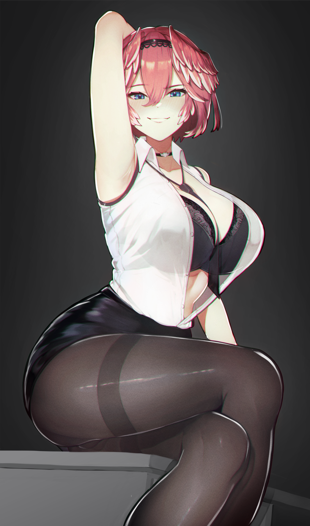 1girls, abs, armpits, big breasts, black lingerie, breasts, female, female focus, female only, glasses removed, hololive, hololive japan, holox, large breasts, light skin, light-skinned female, necklace, red hair, see-through clothing, short hair, simple background, smile, takane lui, thick thighs, varniskarnis, virtual youtuber
